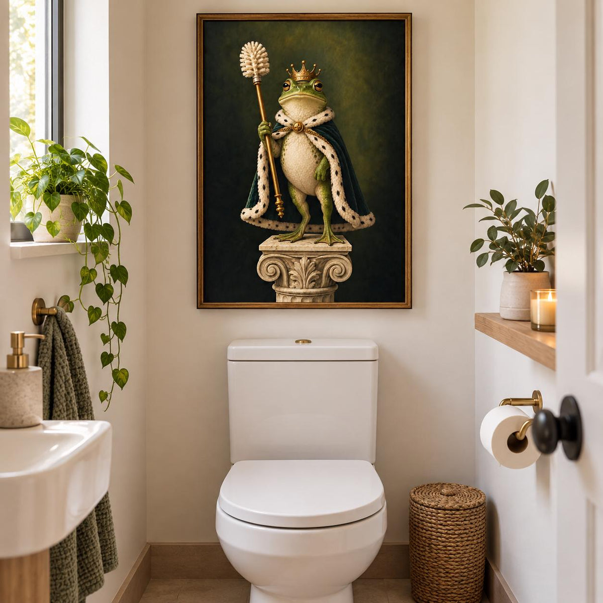Frog King Toilet Art Print | Quirky Bathroom Decor, Cottagecore Home