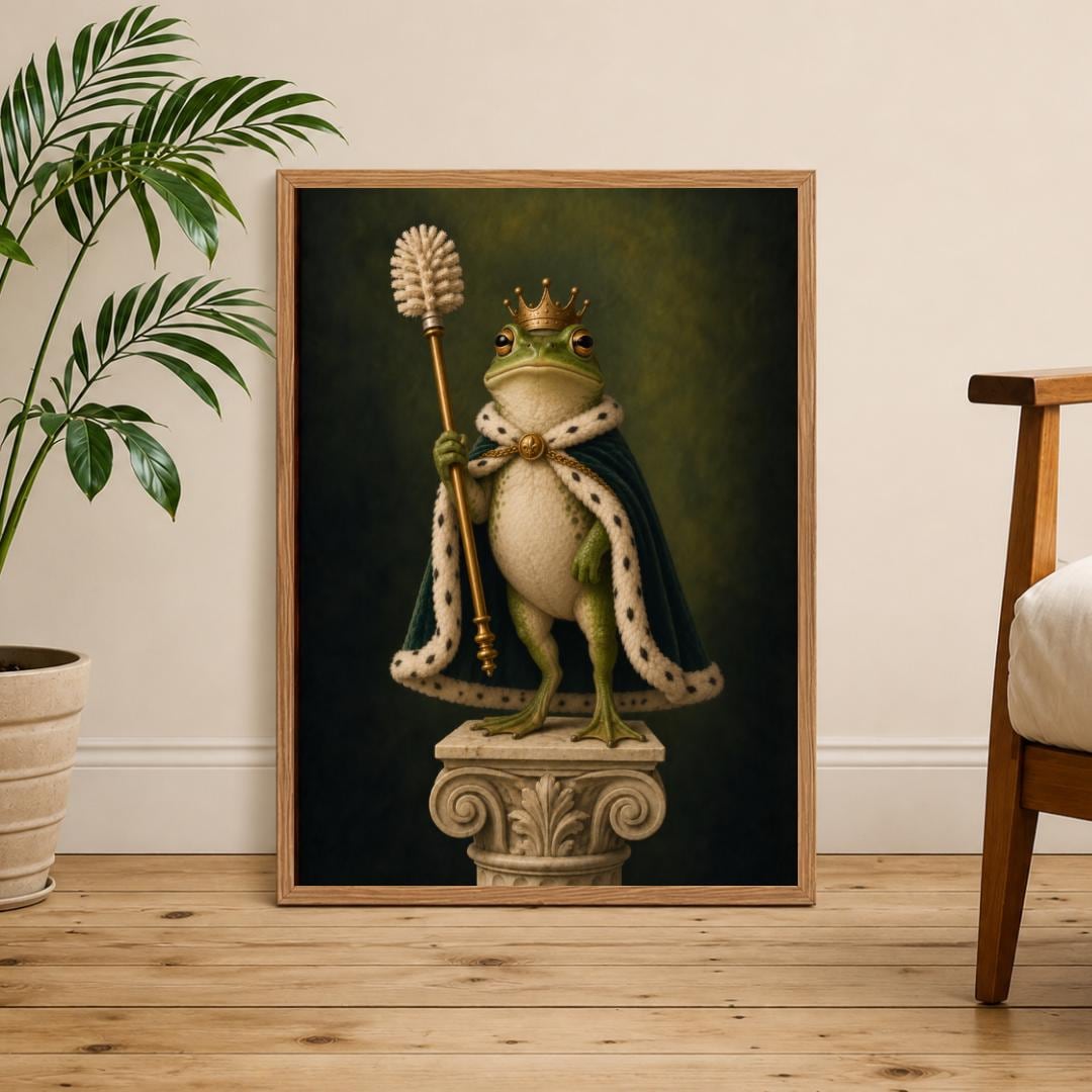 Frog King Toilet Art Print | Quirky Bathroom Decor, Cottagecore Home