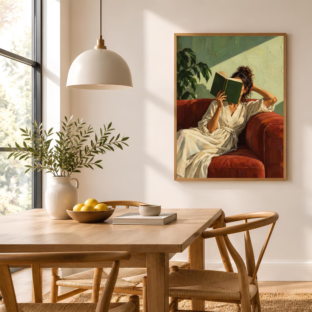 Reading Woman Wall Art Print | Literary Home Decor, Rust Green Painting