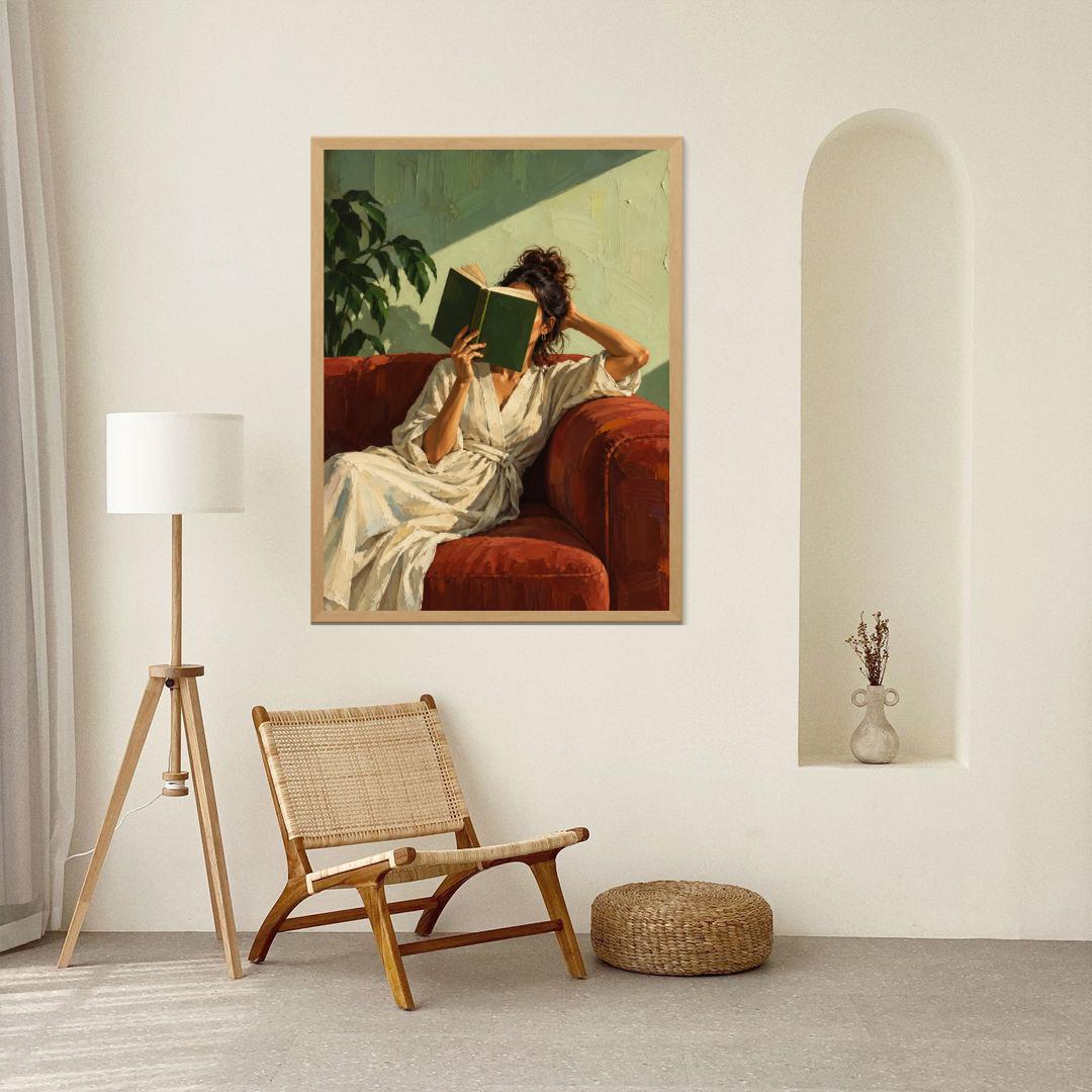 Reading Woman Wall Art Print | Literary Home Decor, Rust Green Painting