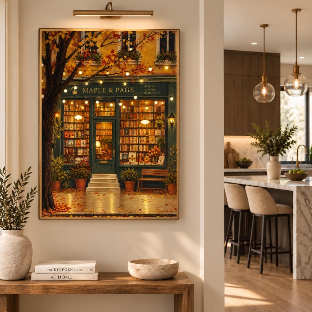 Autumn Bookshop Art Print | Cozy Reading Nook, Cottagecore Wall Decor