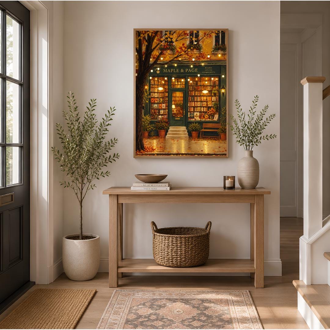 Autumn Bookshop Art Print | Cozy Reading Nook, Cottagecore Wall Decor