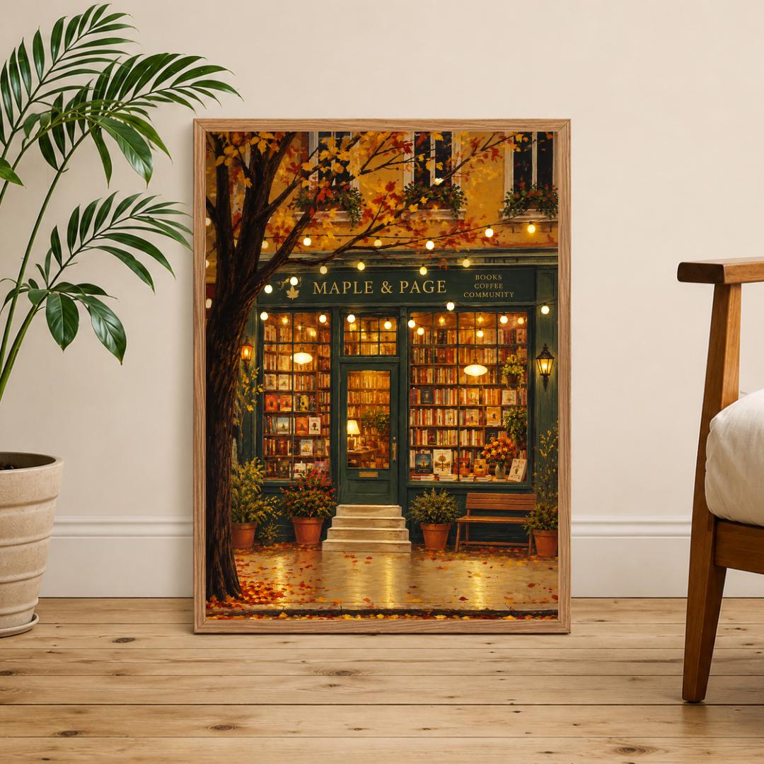 Autumn Bookshop Art Print | Cozy Reading Nook, Cottagecore Wall Decor