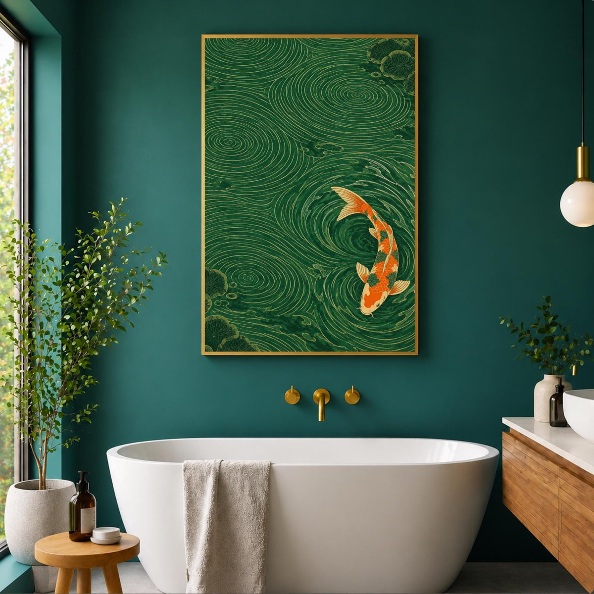 Japanese Koi Fish Wall Art Print | Green Water Garden