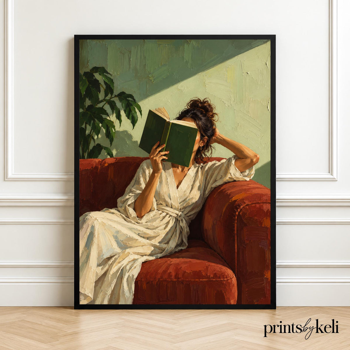 Reading Woman Wall Art Print | Literary Home Decor, Rust Green Painting