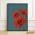 Red Poppy Botanical Print | Teal Background, Vintage Floral Art
