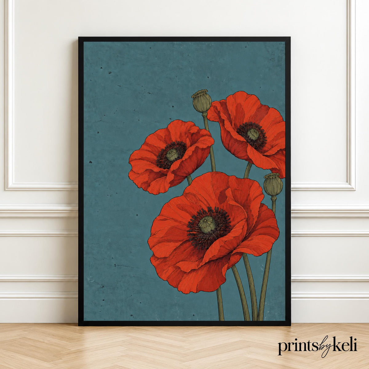 Red Poppy Botanical Print | Teal Background, Vintage Floral Art
