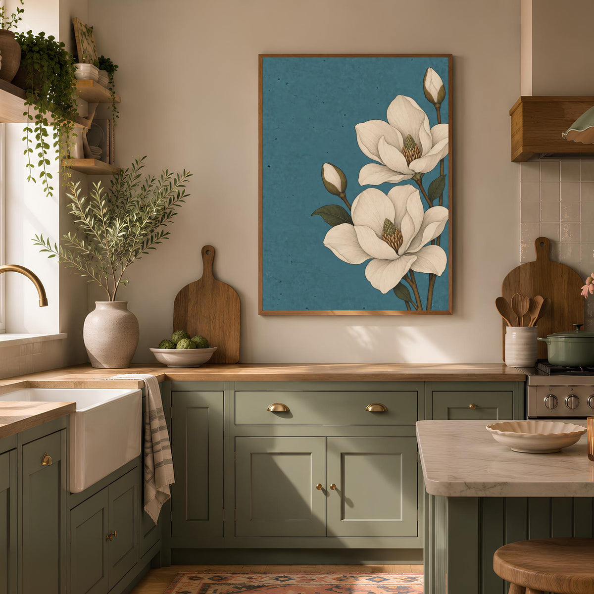 Magnolia Wall Art Print | Blue Botanical Artwork | Vintage Floral Decor