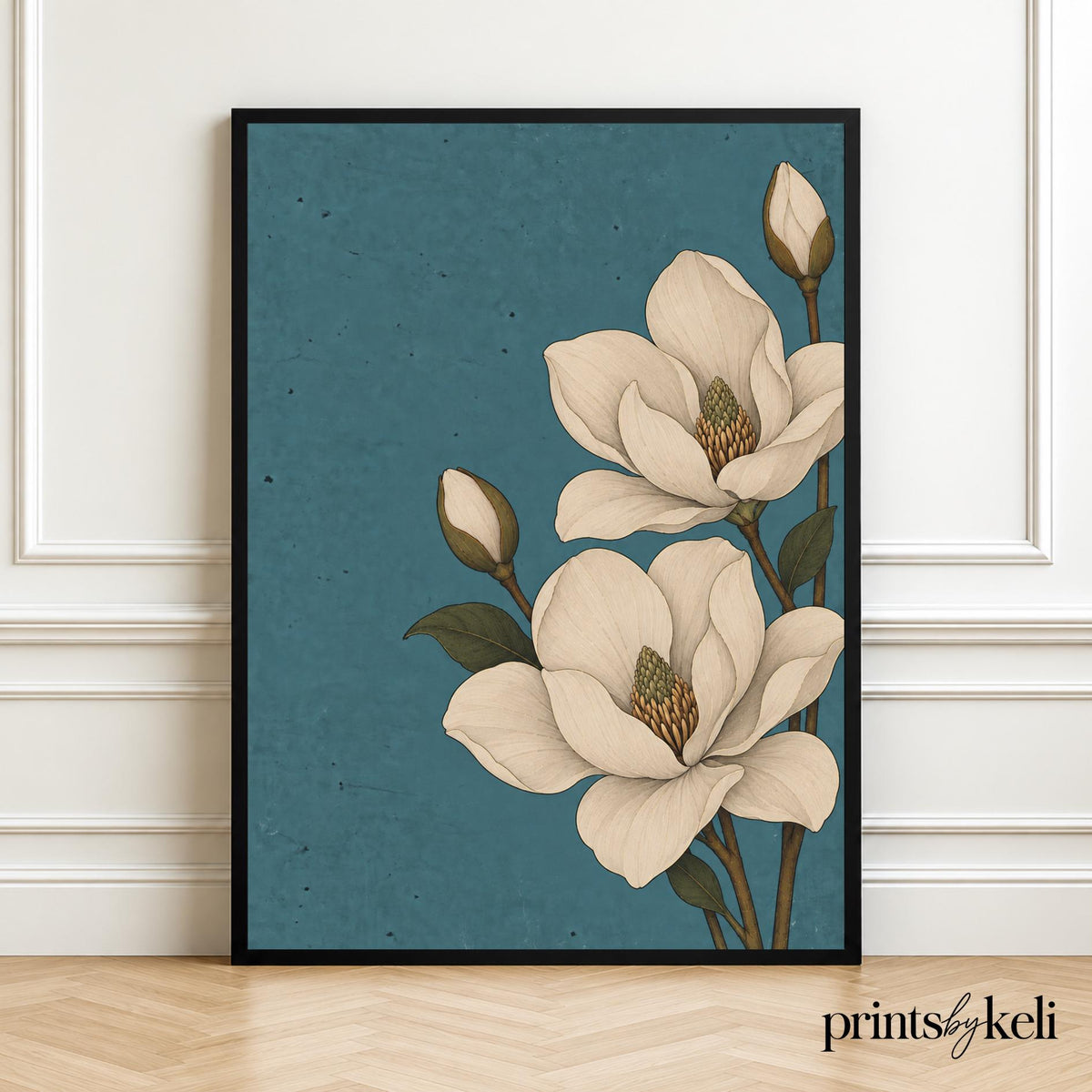 Magnolia Wall Art Print | Blue Botanical Artwork | Vintage Floral Decor