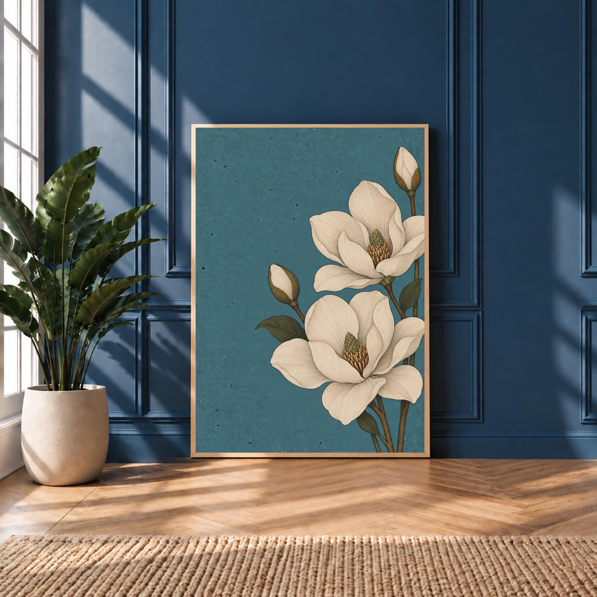 Magnolia Wall Art Print | Blue Botanical Artwork | Vintage Floral Decor
