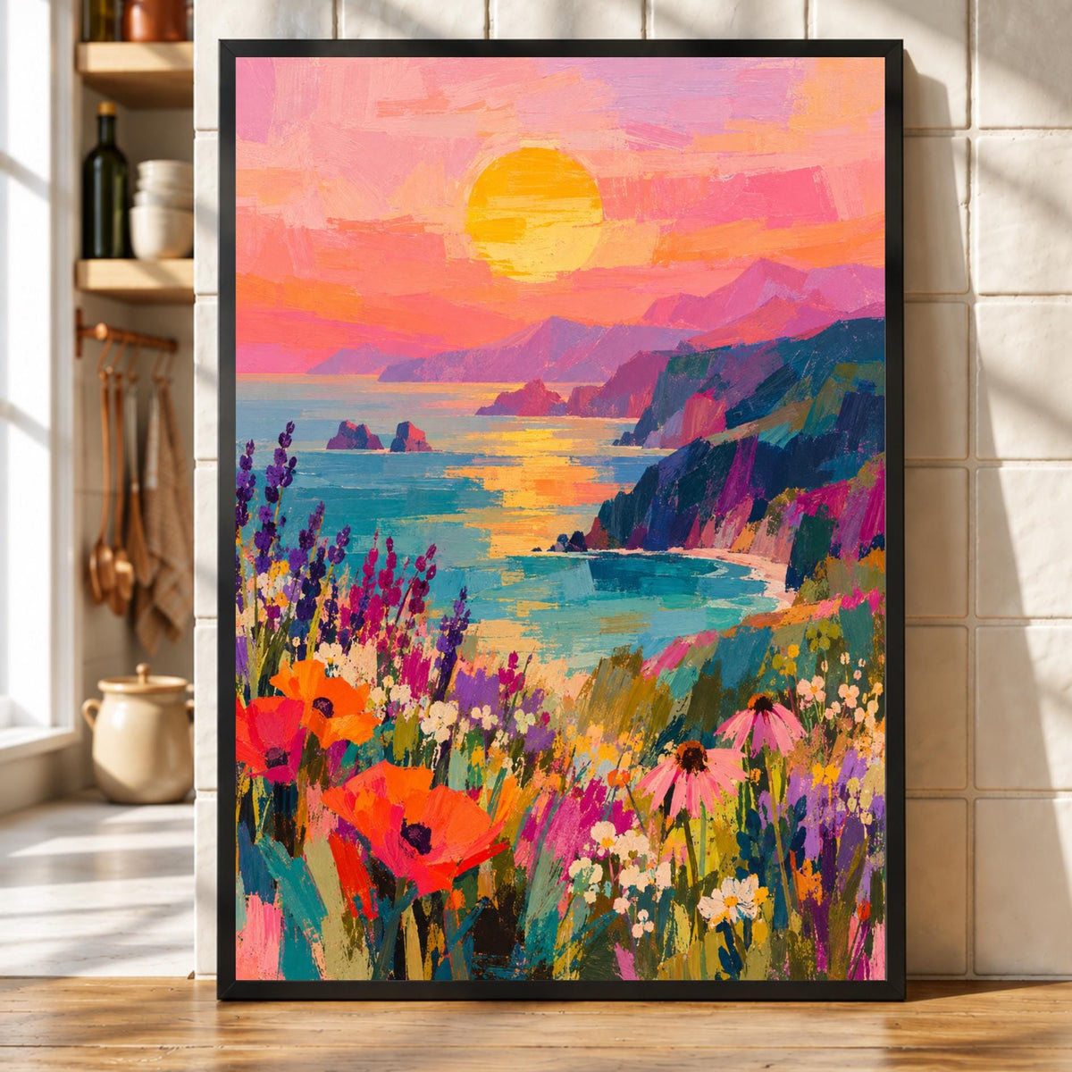 Coastal Sunset Wall Art | Colourful Seascape Print | Ocean Landscape | Wildflower Meadow Decor