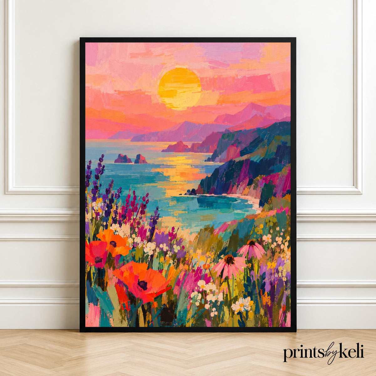 Coastal Sunset Wall Art | Colourful Seascape Print | Ocean Landscape | Wildflower Meadow Decor