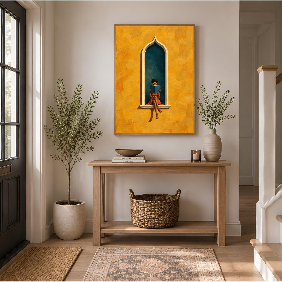 Moorish Arch Art Print | Woman Reading Wall Art | Green & Ochre Artwork | Boho Mediterranean Decor