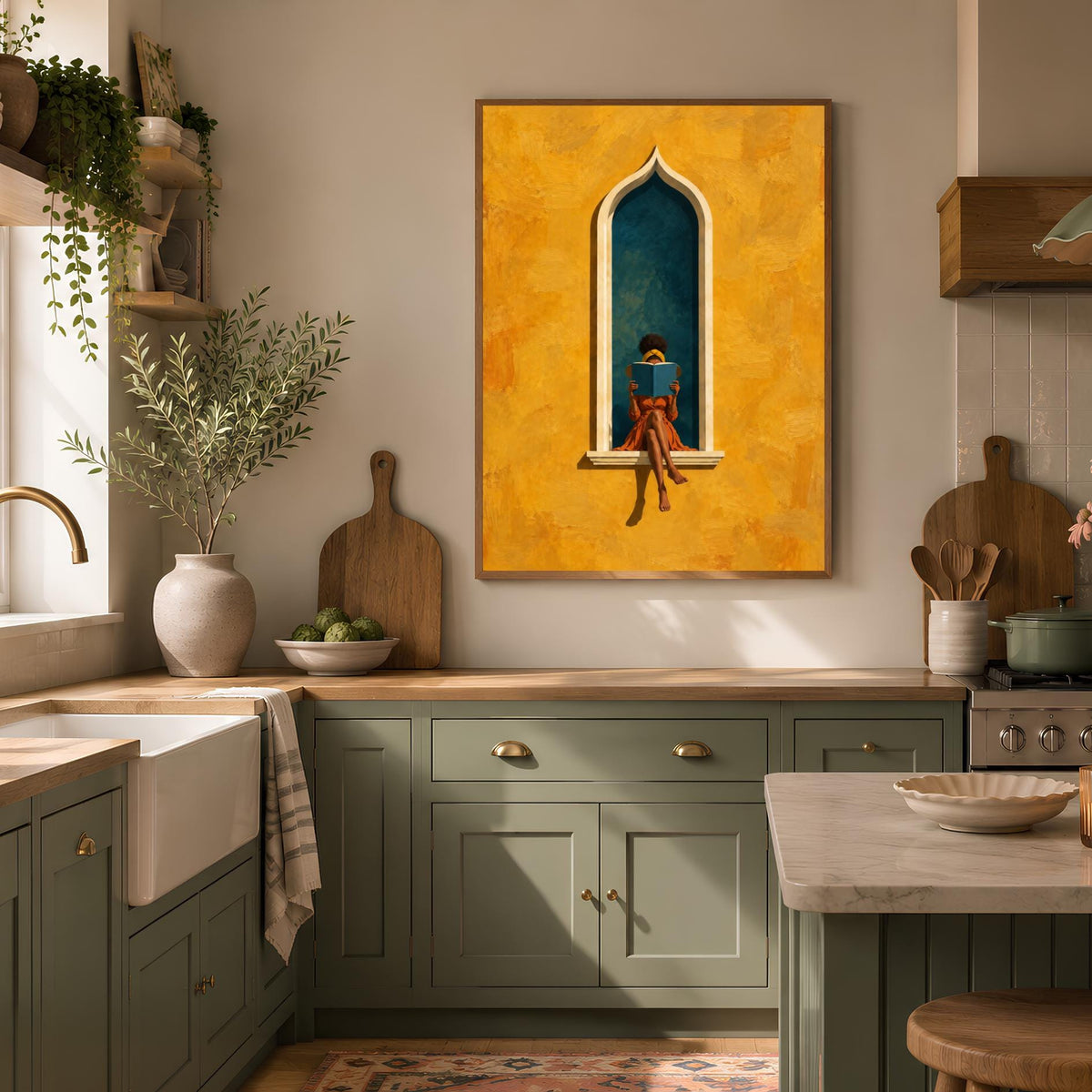 Moorish Arch Art Print | Woman Reading Wall Art | Green & Ochre Artwork | Boho Mediterranean Decor