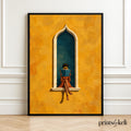 Moorish Arch Art Print | Woman Reading Wall Art | Green & Ochre Artwork | Boho Mediterranean Decor