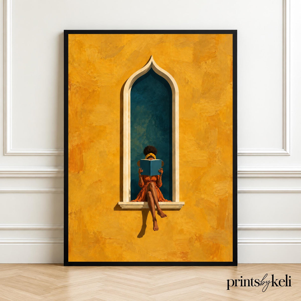 Moorish Arch Art Print | Woman Reading Wall Art | Green & Ochre Artwork | Boho Mediterranean Decor