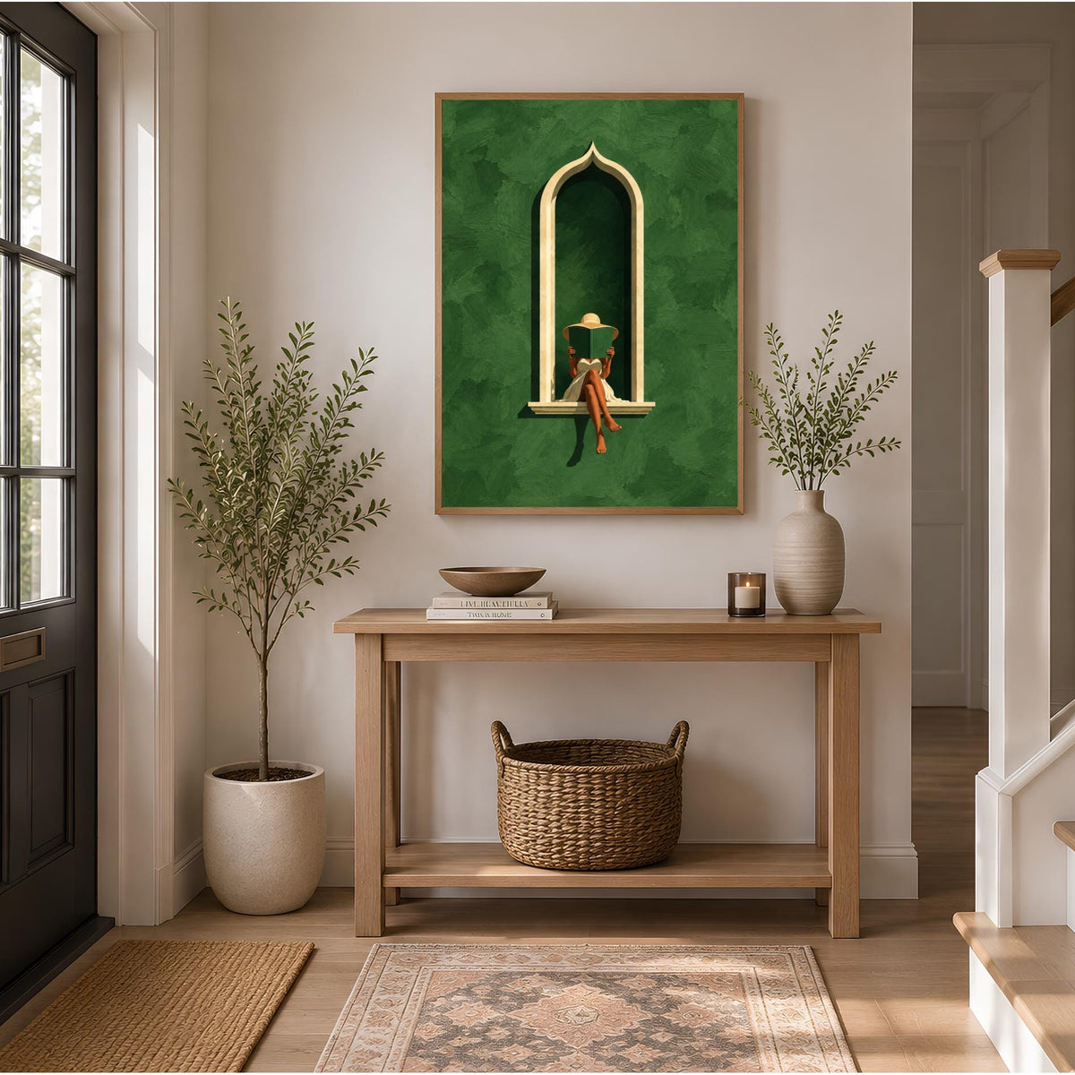 Moroccan Arch Art Print | Woman Reading Wall Art | Green Boho Decor | Mediterranean Poster | Minimalist Interior