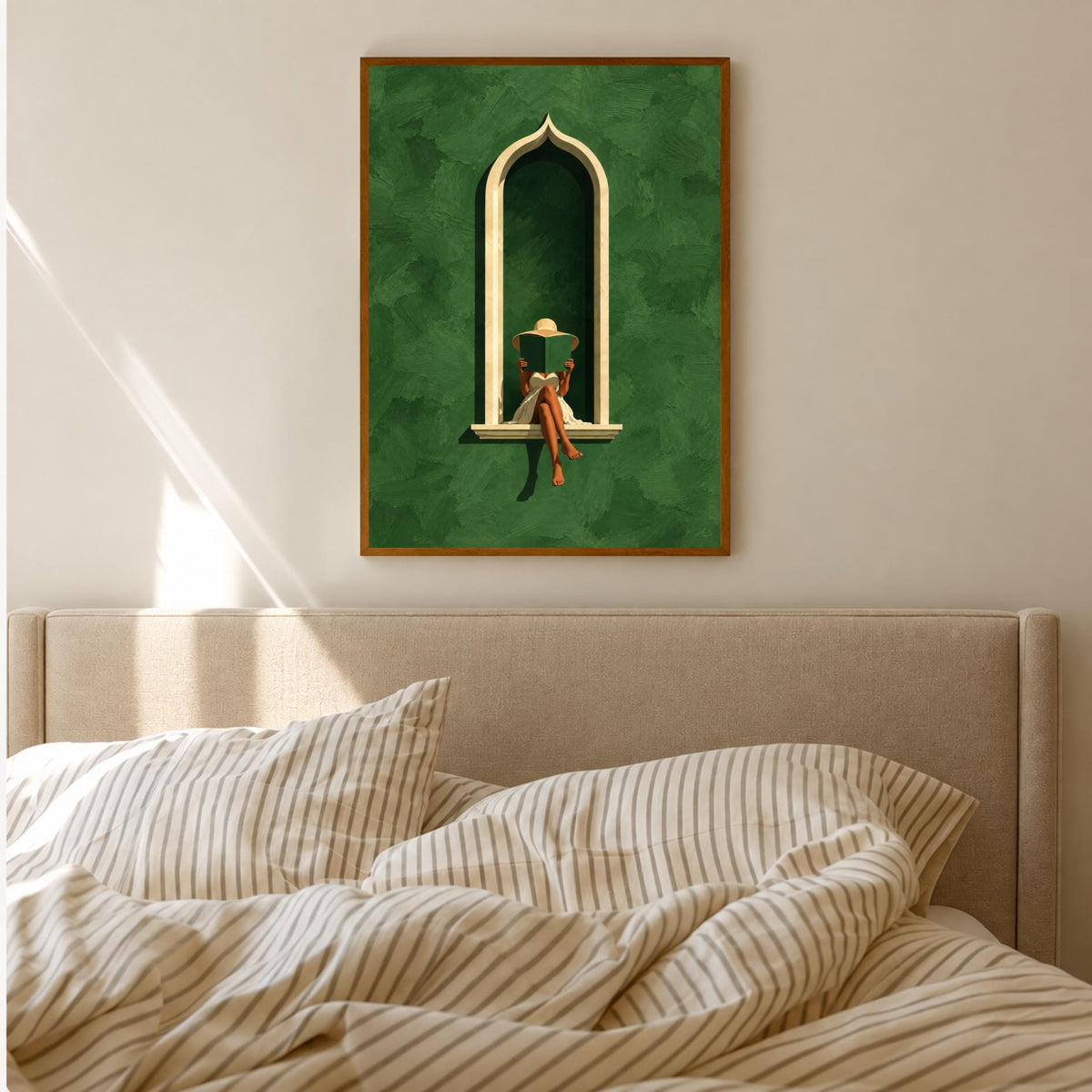 Moroccan Arch Art Print | Woman Reading Wall Art | Green Boho Decor | Mediterranean Poster | Minimalist Interior