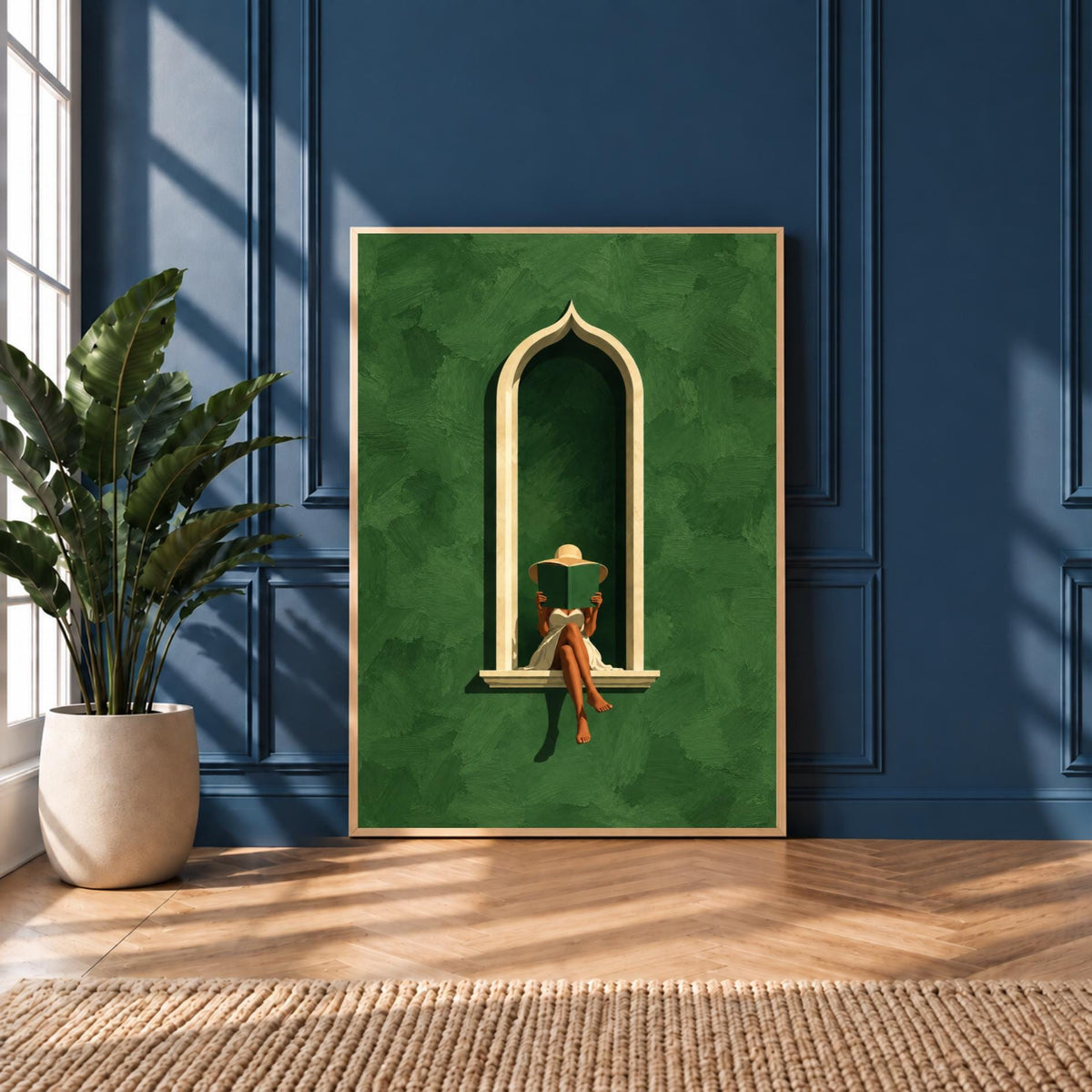Moroccan Arch Art Print | Woman Reading Wall Art | Green Boho Decor | Mediterranean Poster | Minimalist Interior