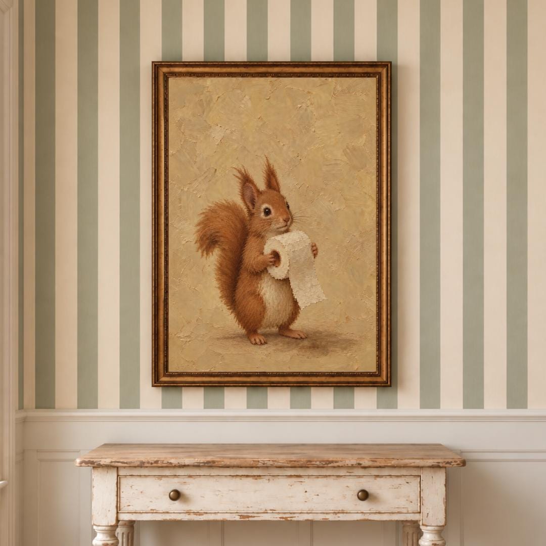 Squirrel and Toilet Paper Wall Art | Funny Bathroom Print | Vintage Powder Room Decor | Cottagecore Wall Art