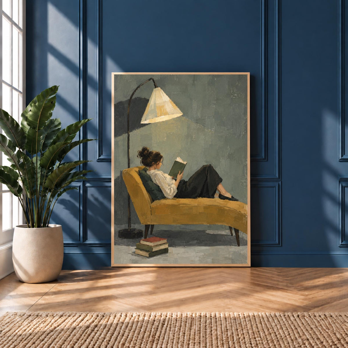 Reading Woman Art Print | Moody Abstract Painting | Vintage Reading Nook Decor | Cozy Home Wall Art