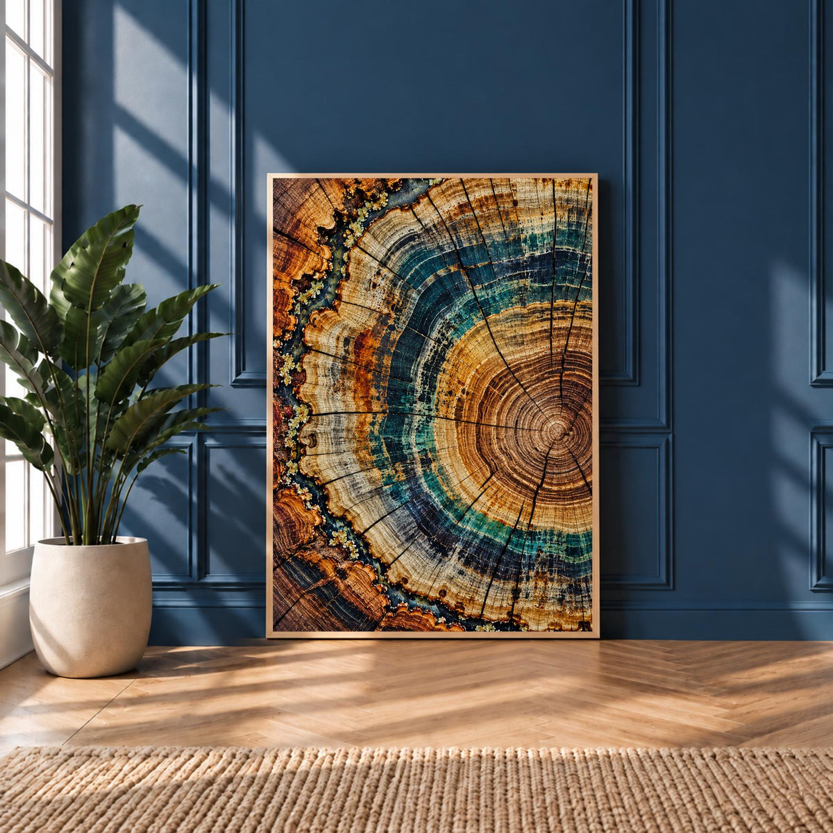 Tree Ring Art Print | Teal Blue Wood Slice Wall Art | Abstract Nature Decor | Rustic Modern Botanical Print | Colourful Timber Art