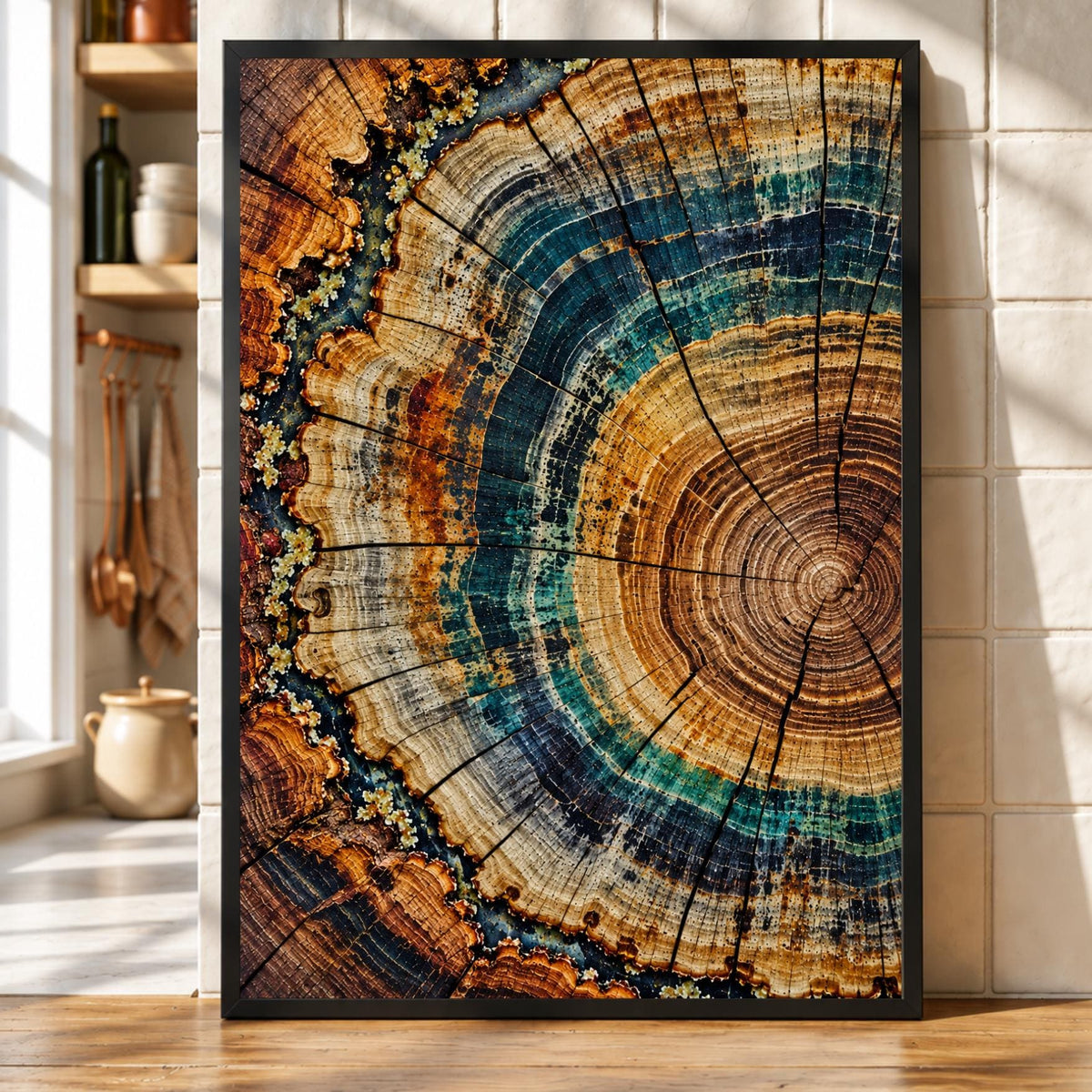 Tree Ring Art Print | Teal Blue Wood Slice Wall Art | Abstract Nature Decor | Rustic Modern Botanical Print | Colourful Timber Art