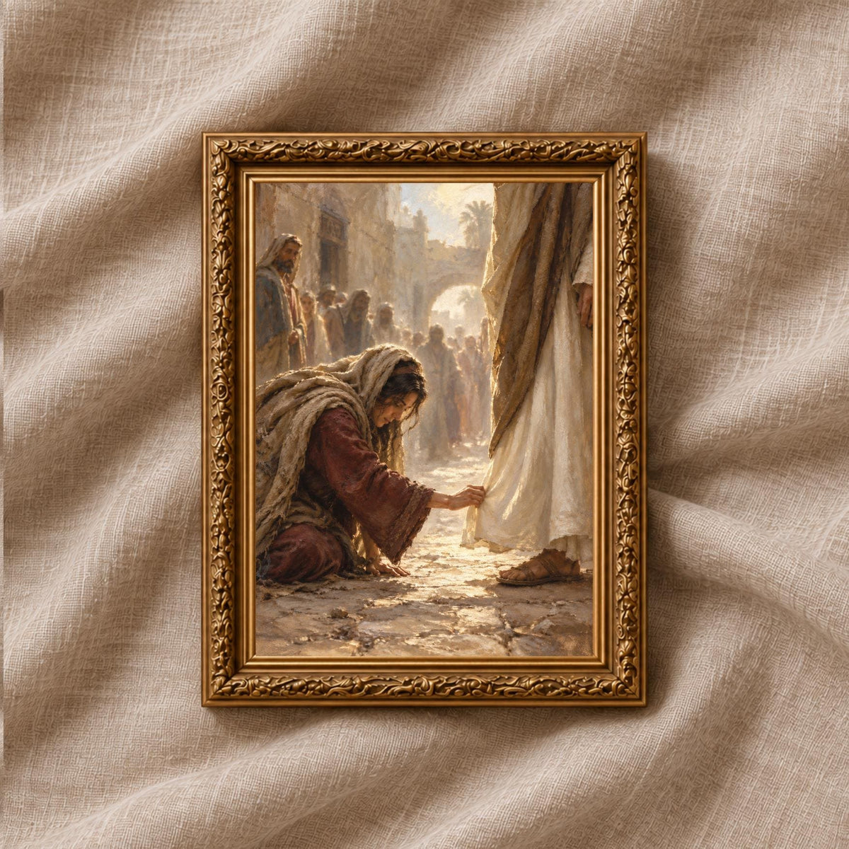 Jesus Healing Art Print | Christian Wall Art | Biblical Jesus Painting | Woman Touching Jesus Robe | Faith Decor | Religious Gift