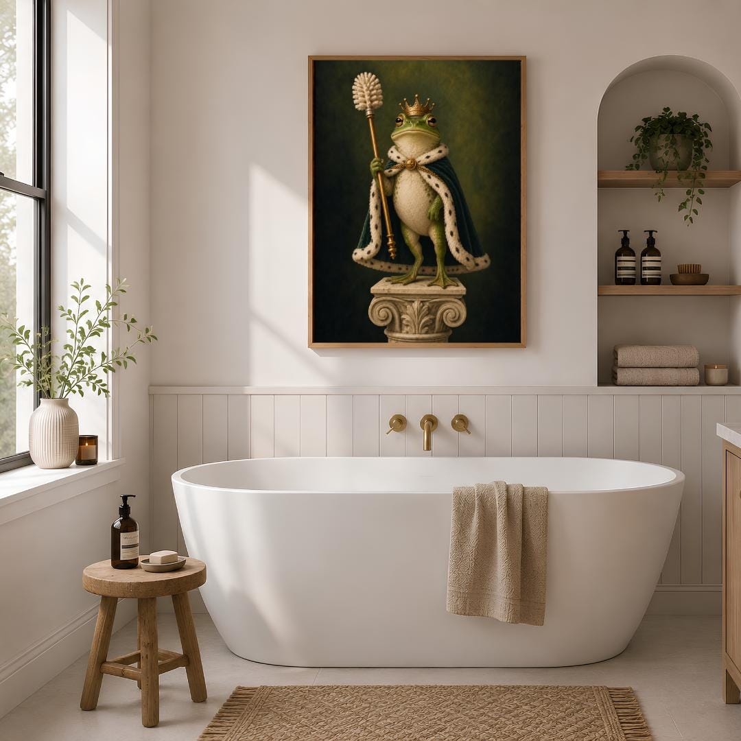 Frog King Toilet Art Print | Quirky Bathroom Decor, Cottagecore Home