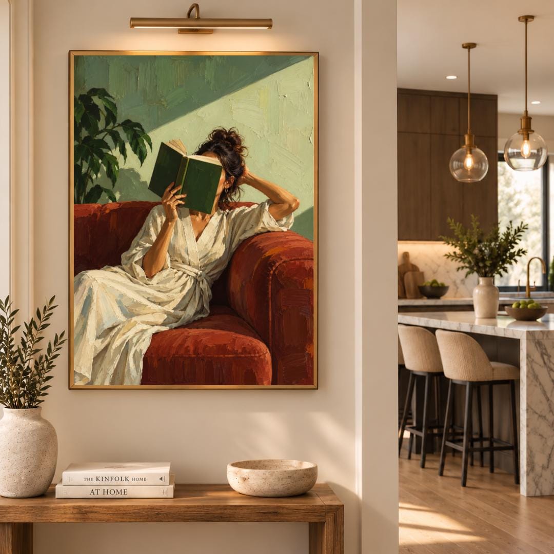Reading Woman Wall Art Print | Literary Home Decor, Rust Green Painting
