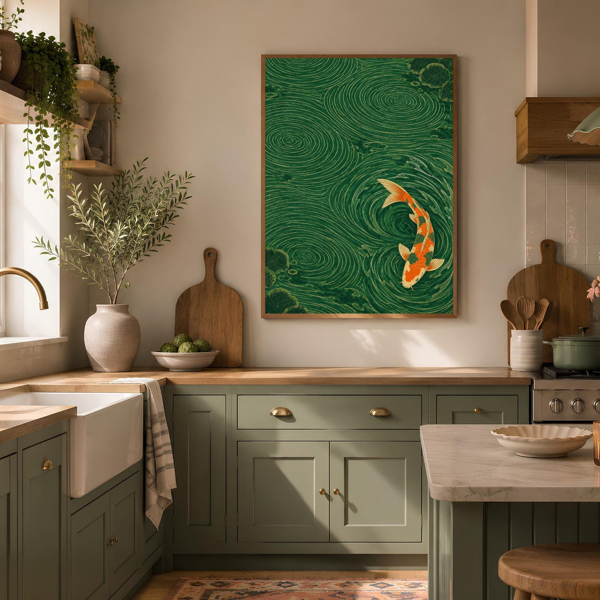 Japanese Koi Fish Wall Art Print | Green Water Garden