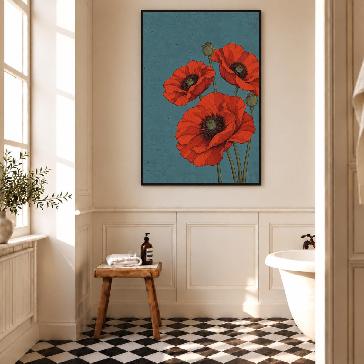 Red Poppy Botanical Print | Teal Background, Vintage Floral Art