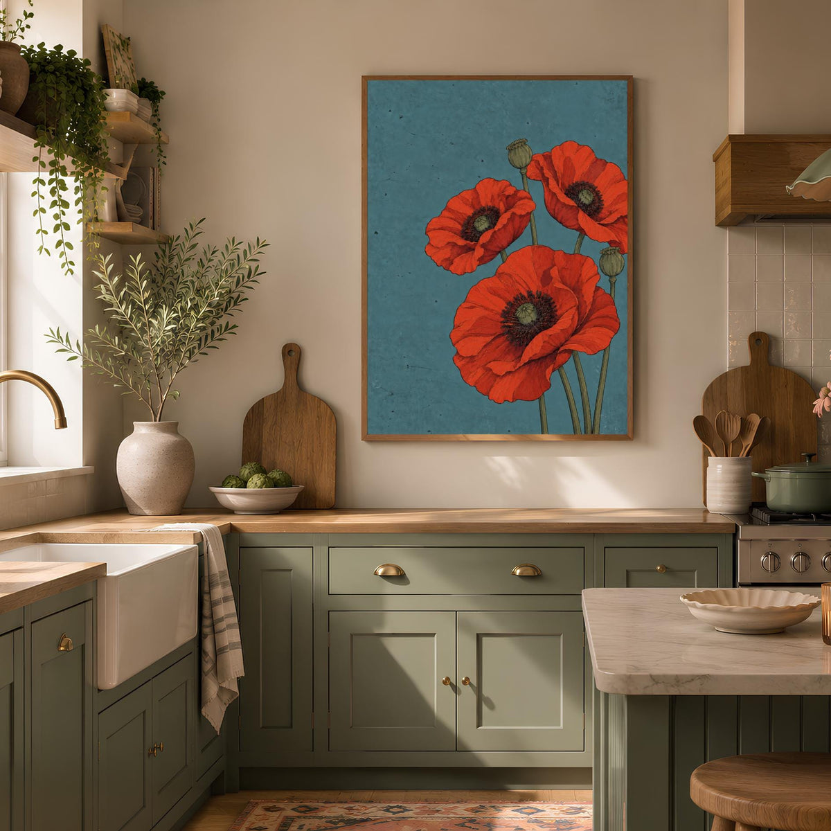 Red Poppy Botanical Print | Teal Background, Vintage Floral Art
