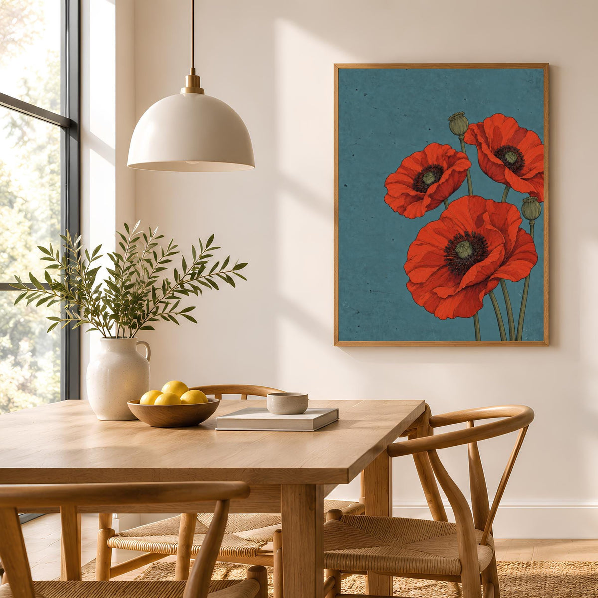 Red Poppy Botanical Print | Teal Background, Vintage Floral Art