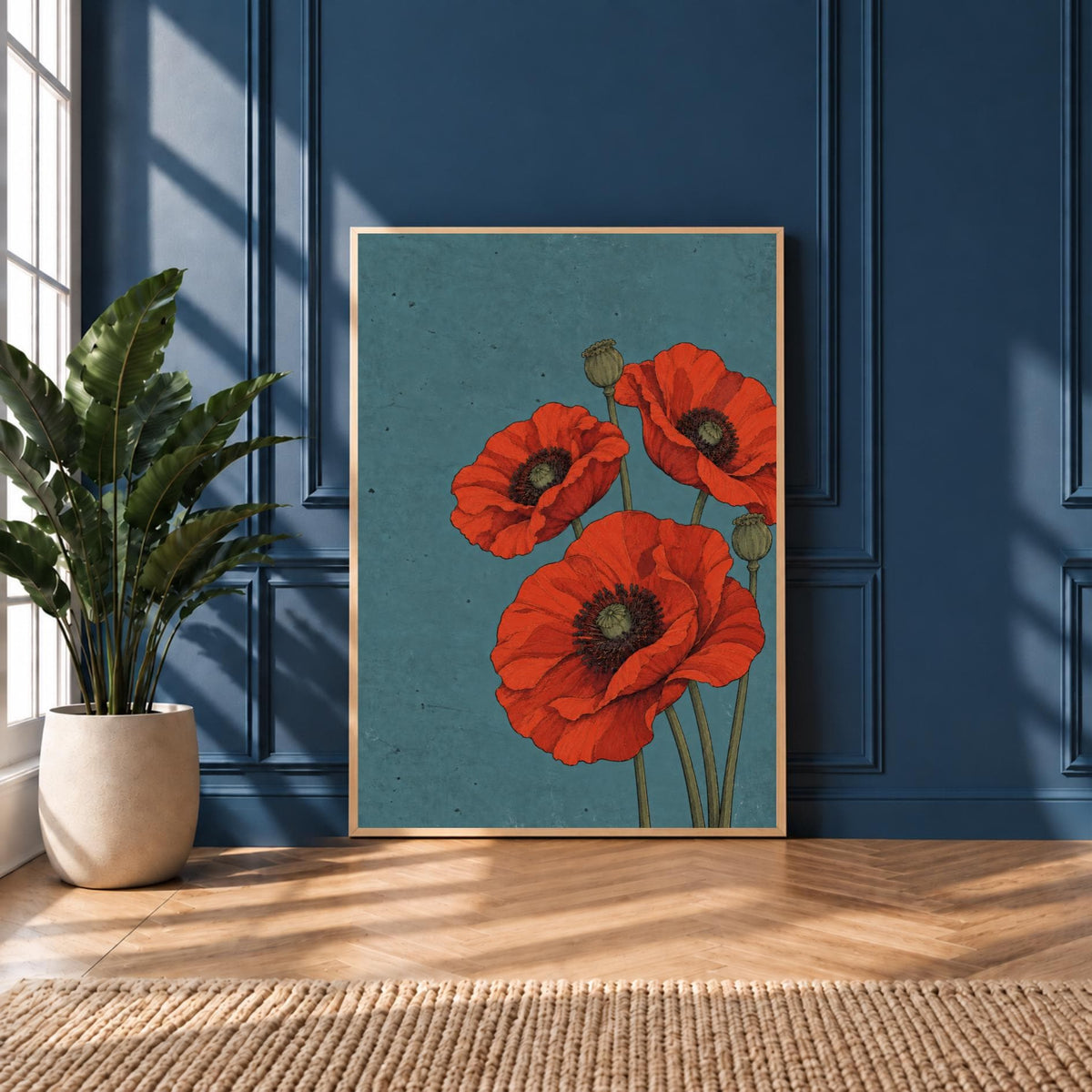Red Poppy Botanical Print | Teal Background, Vintage Floral Art