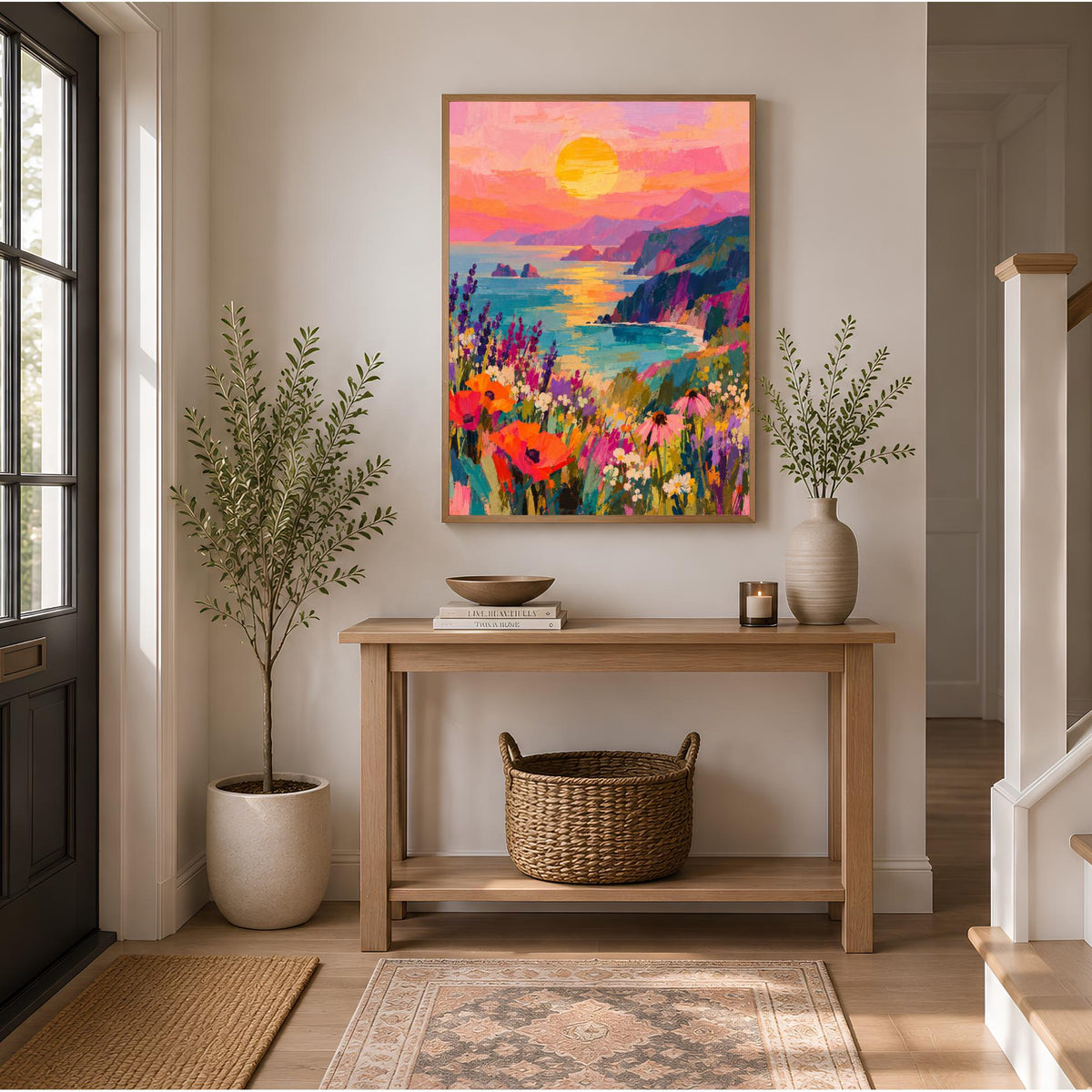 Coastal Sunset Wall Art | Colourful Seascape Print | Ocean Landscape | Wildflower Meadow Decor