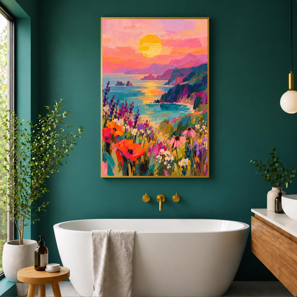 Coastal Sunset Wall Art | Colourful Seascape Print | Ocean Landscape | Wildflower Meadow Decor