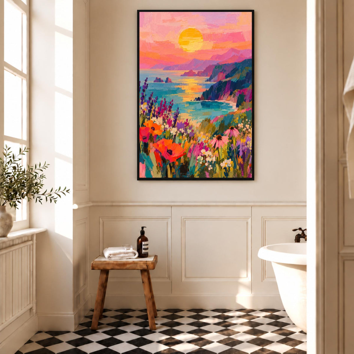 Coastal Sunset Wall Art | Colourful Seascape Print | Ocean Landscape | Wildflower Meadow Decor