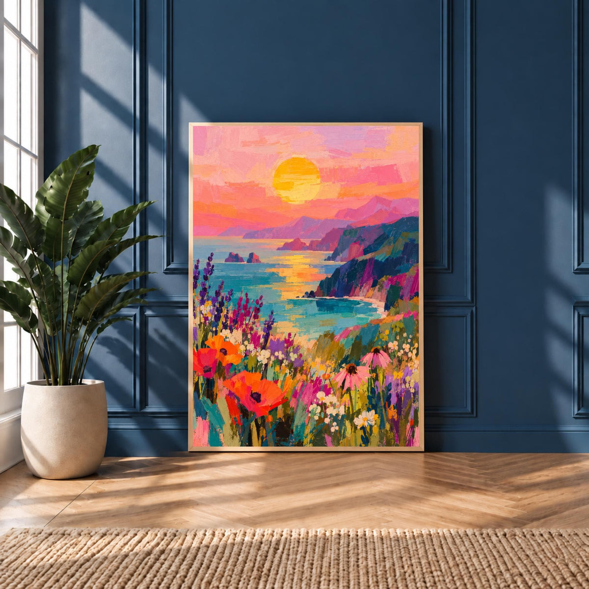 Coastal Sunset Wall Art | Colourful Seascape Print | Ocean Landscape | Wildflower Meadow Decor