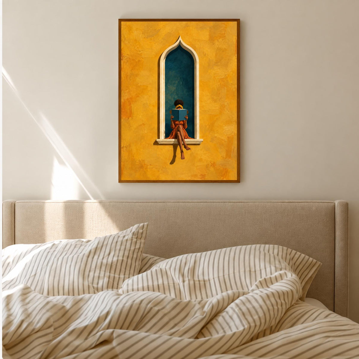 Moorish Arch Art Print | Woman Reading Wall Art | Green & Ochre Artwork | Boho Mediterranean Decor