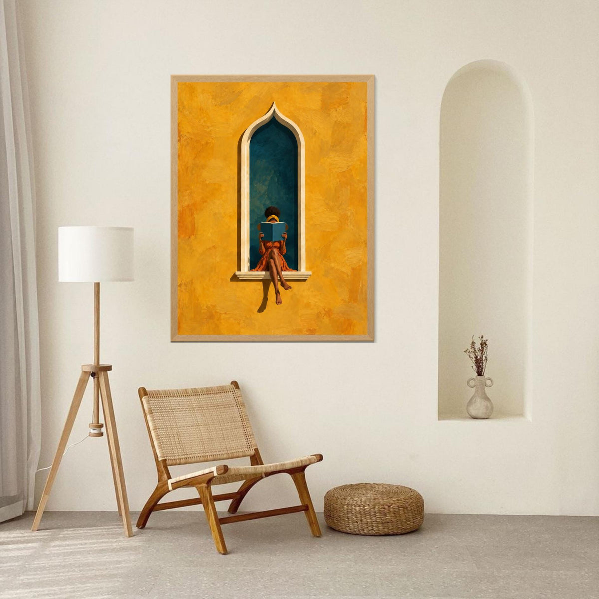 Moorish Arch Art Print | Woman Reading Wall Art | Green & Ochre Artwork | Boho Mediterranean Decor