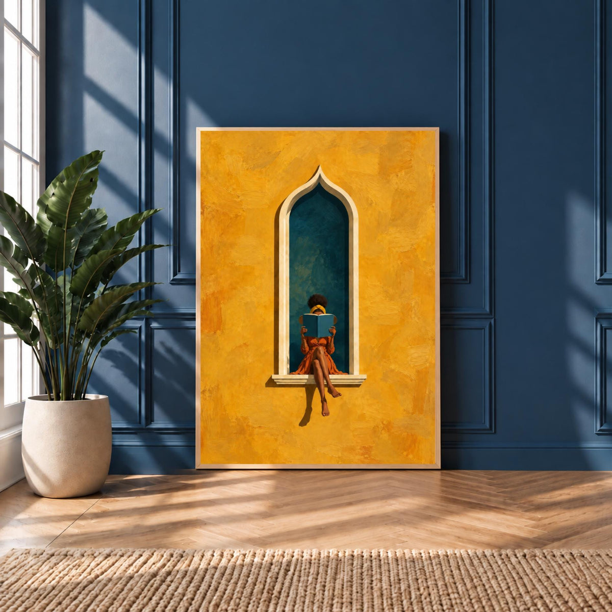 Moorish Arch Art Print | Woman Reading Wall Art | Green & Ochre Artwork | Boho Mediterranean Decor