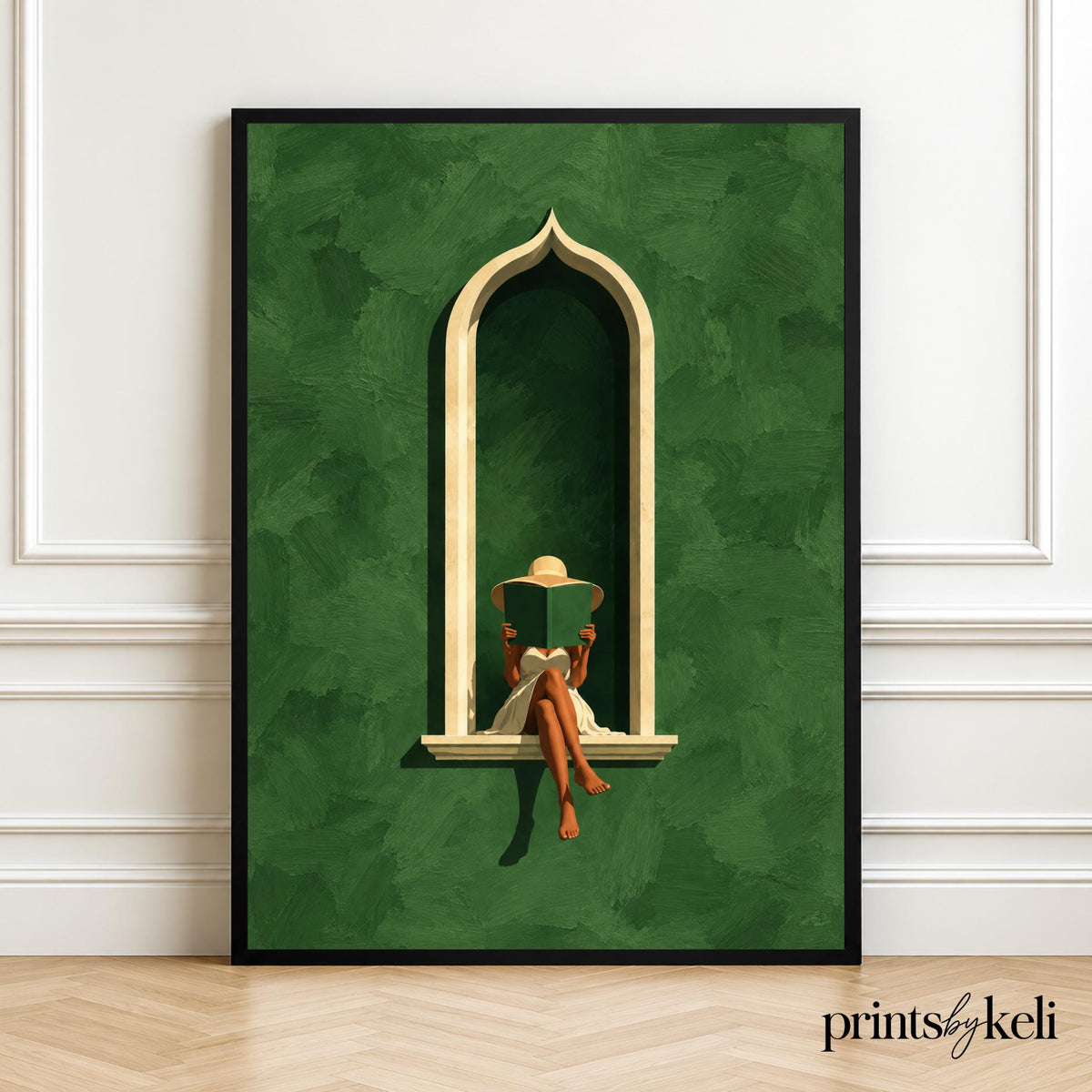 Moroccan Arch Art Print | Woman Reading Wall Art | Green Boho Decor | Mediterranean Poster | Minimalist Interior