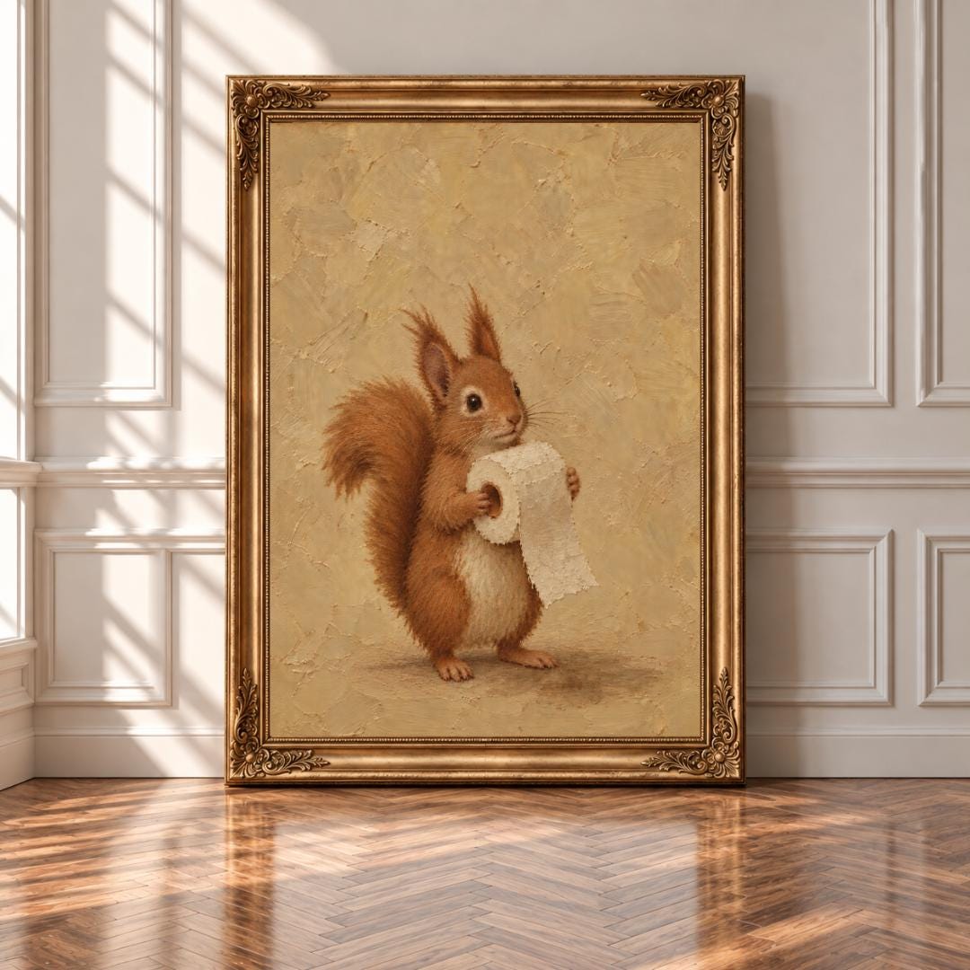 Squirrel and Toilet Paper Wall Art | Funny Bathroom Print | Vintage Powder Room Decor | Cottagecore Wall Art