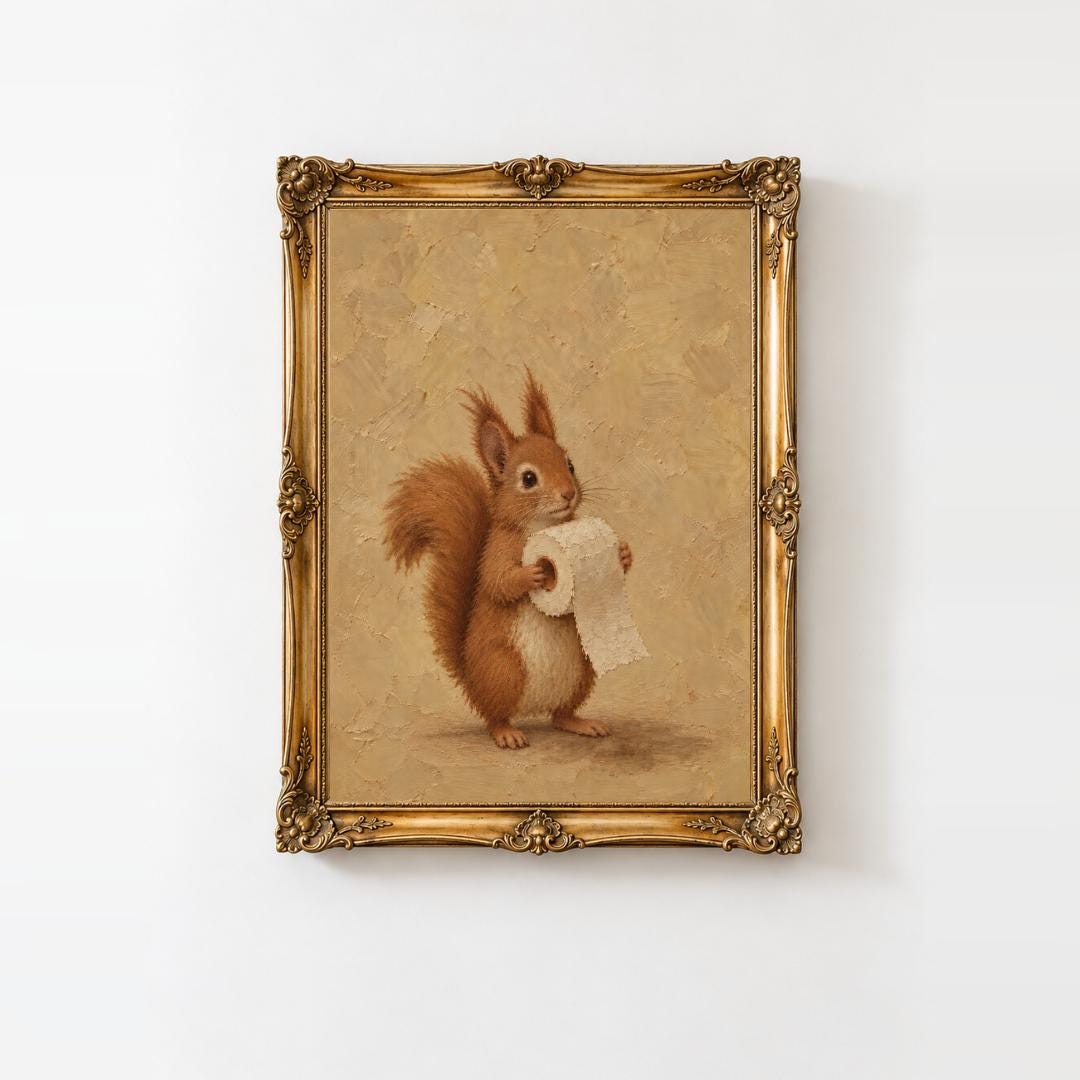 Squirrel and Toilet Paper Wall Art | Funny Bathroom Print | Vintage Powder Room Decor | Cottagecore Wall Art