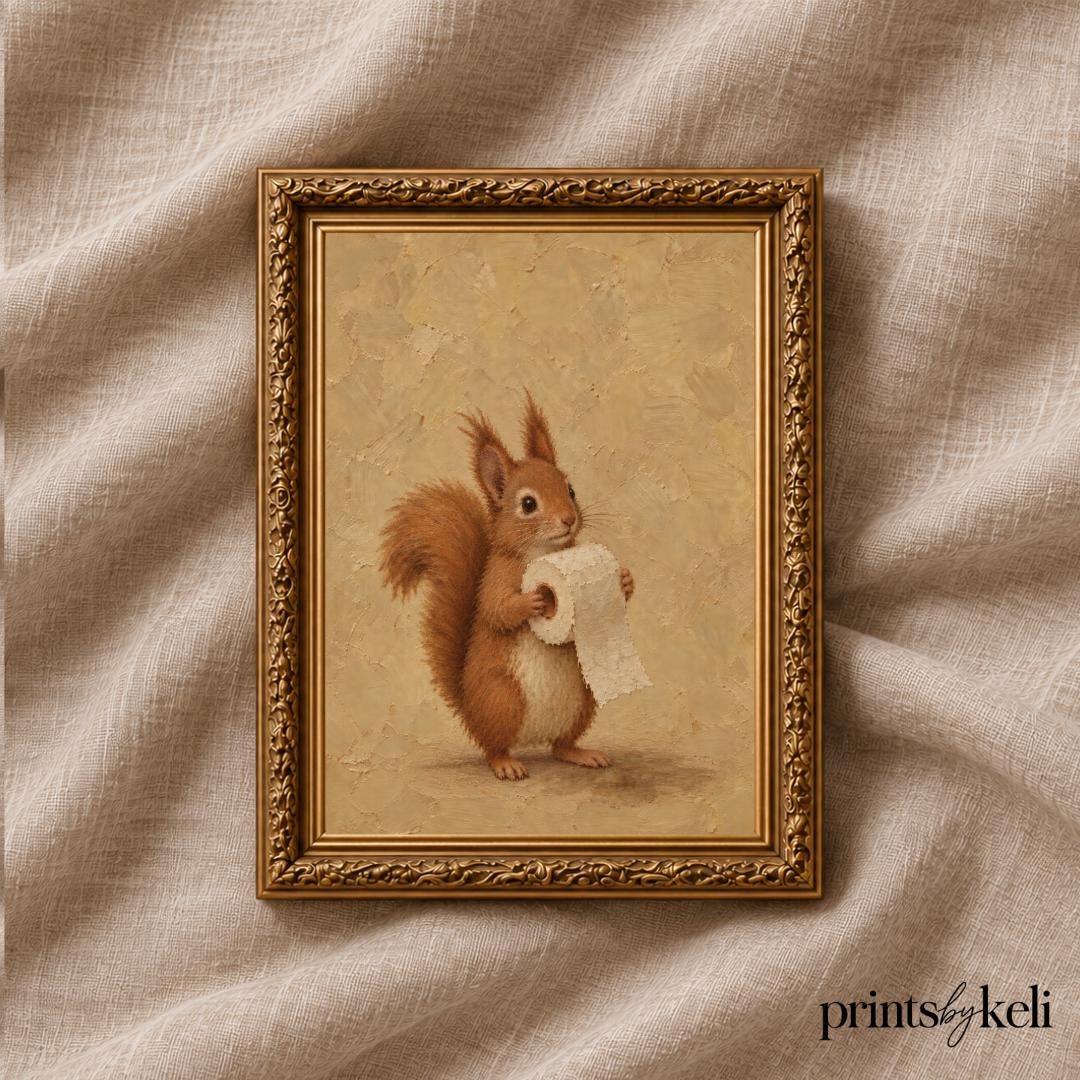 Squirrel and Toilet Paper Wall Art | Funny Bathroom Print | Vintage Powder Room Decor | Cottagecore Wall Art