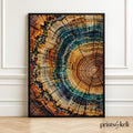 Tree Ring Art Print | Teal Blue Wood Slice Wall Art | Abstract Nature Decor | Rustic Modern Botanical Print | Colourful Timber Art