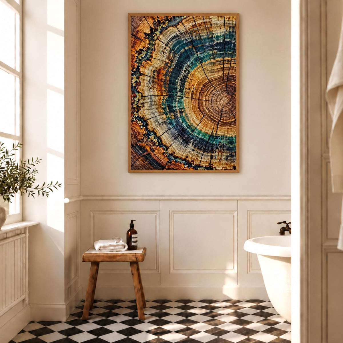 Tree Ring Art Print | Teal Blue Wood Slice Wall Art | Abstract Nature Decor | Rustic Modern Botanical Print | Colourful Timber Art